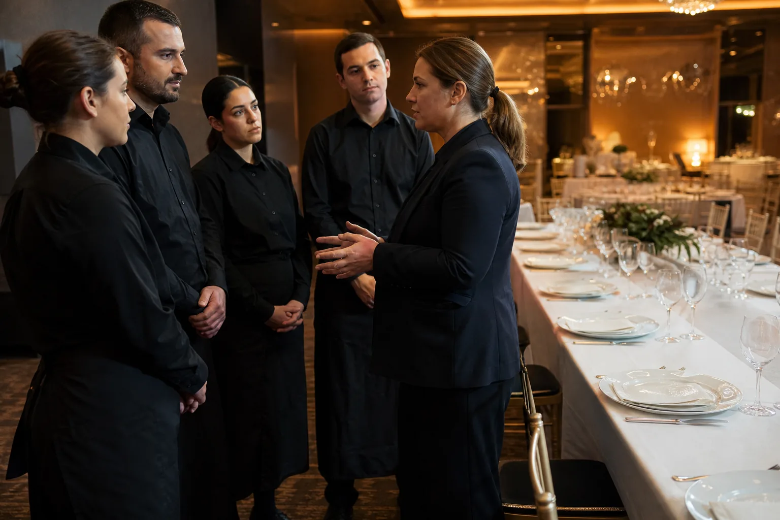 Banquet manager briefing hired servers before an evening event in a hotel ballroom