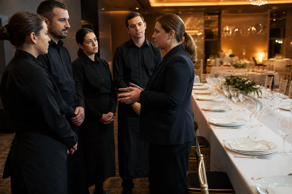 Banquet manager briefing hired servers before an evening event in a hotel ballroom
