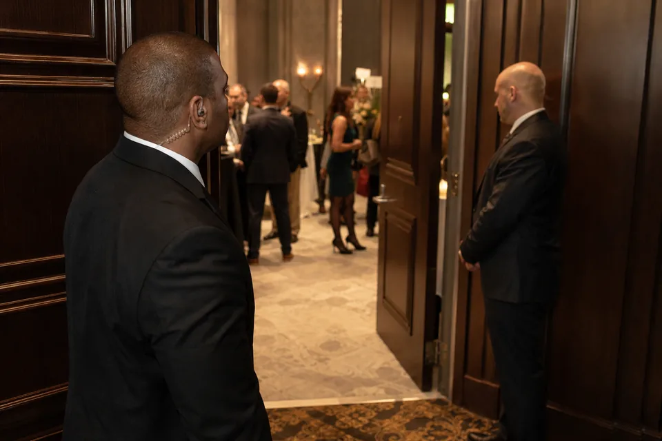 Two security guards in dark suits by the ballroom doors at a company holiday party
