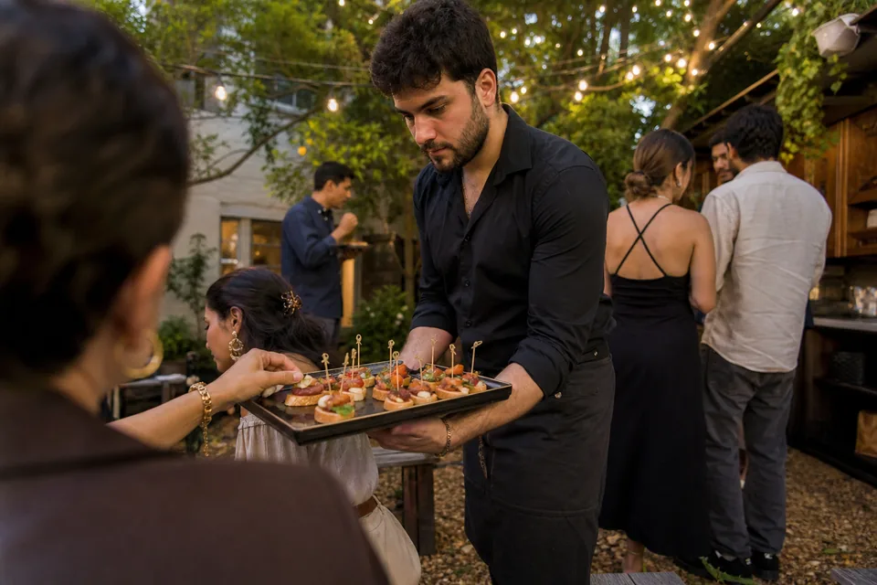 Server offering a tray of appetizers to guests at a backyard evening party