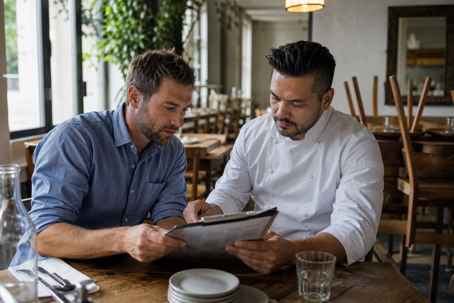 Restaurant owner reviewing the week's staffing with a chef at a dining room table before opening