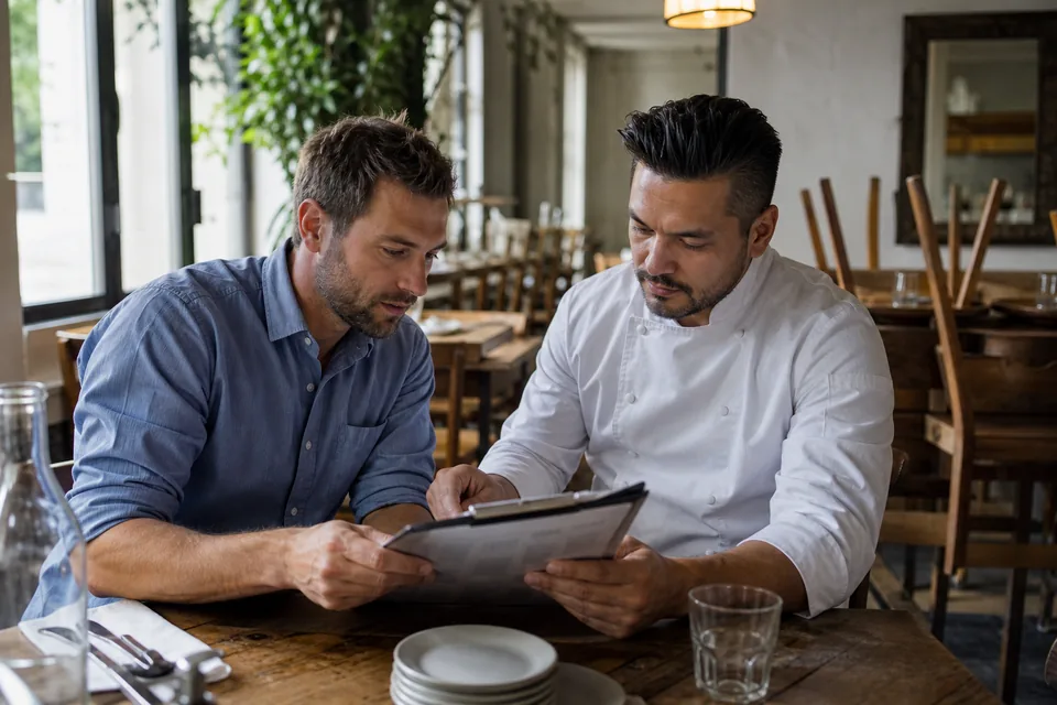 Restaurant owner reviewing the week's staffing with a chef at a dining room table before opening