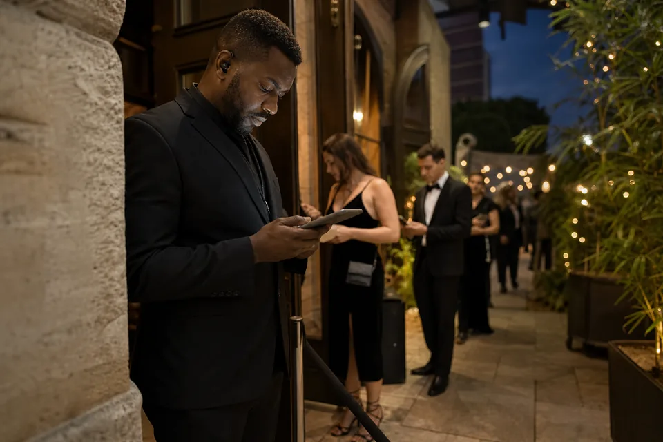 Staff member checking the guest list at the entrance as guests arrive at an evening wedding reception
