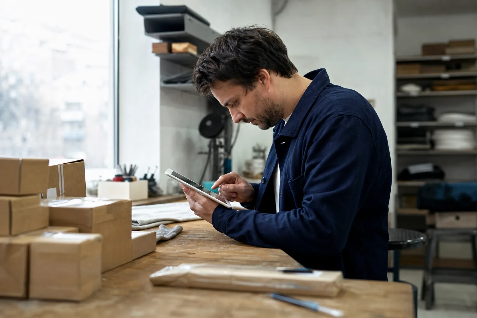 Small business owner checking costs on a tablet in a workshop