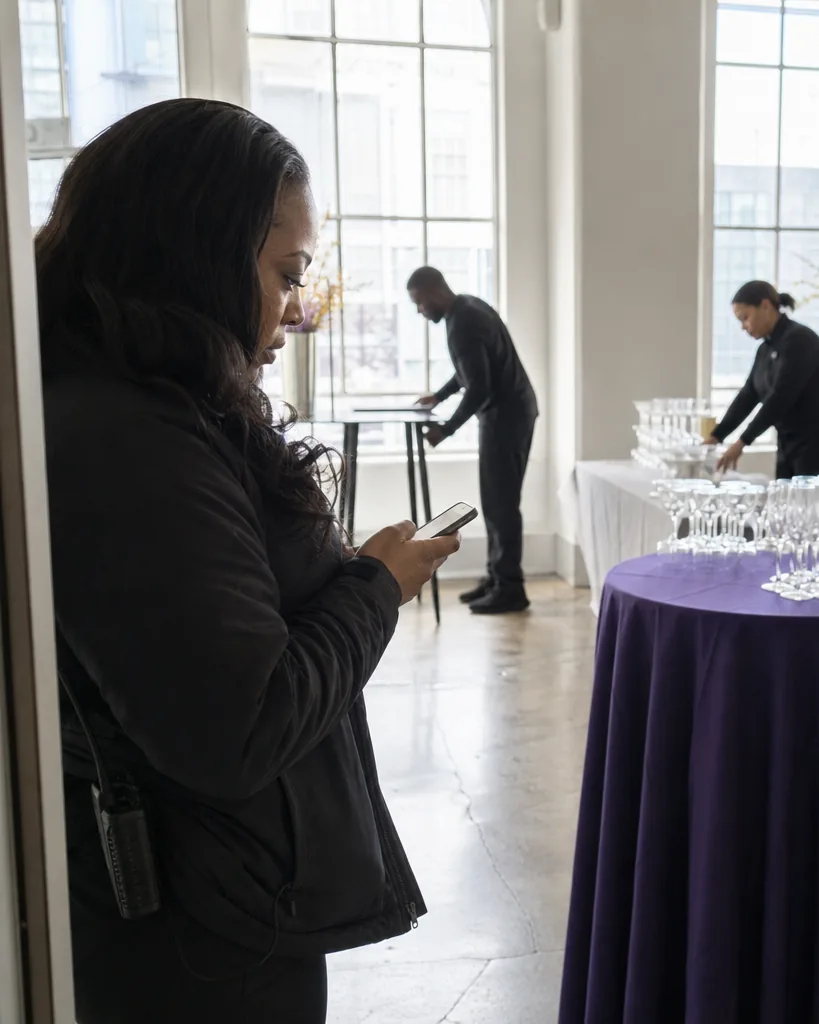 Event crew lead checking a gig on her phone while the team sets up a venue