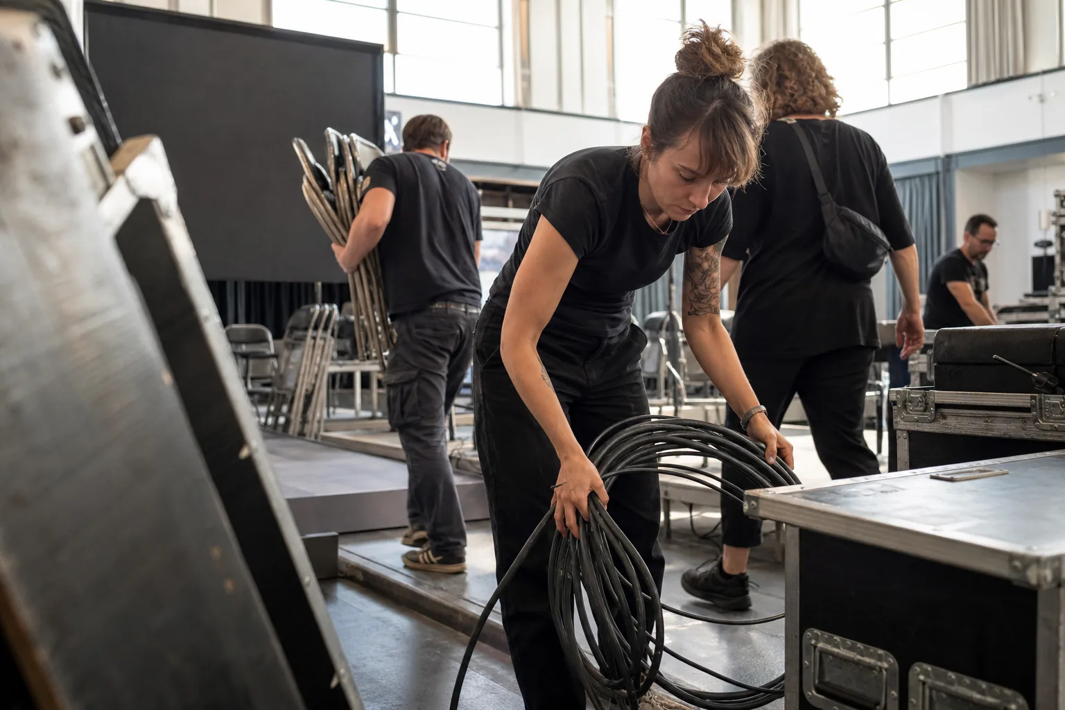 Event crew setting up chairs in a conference hall