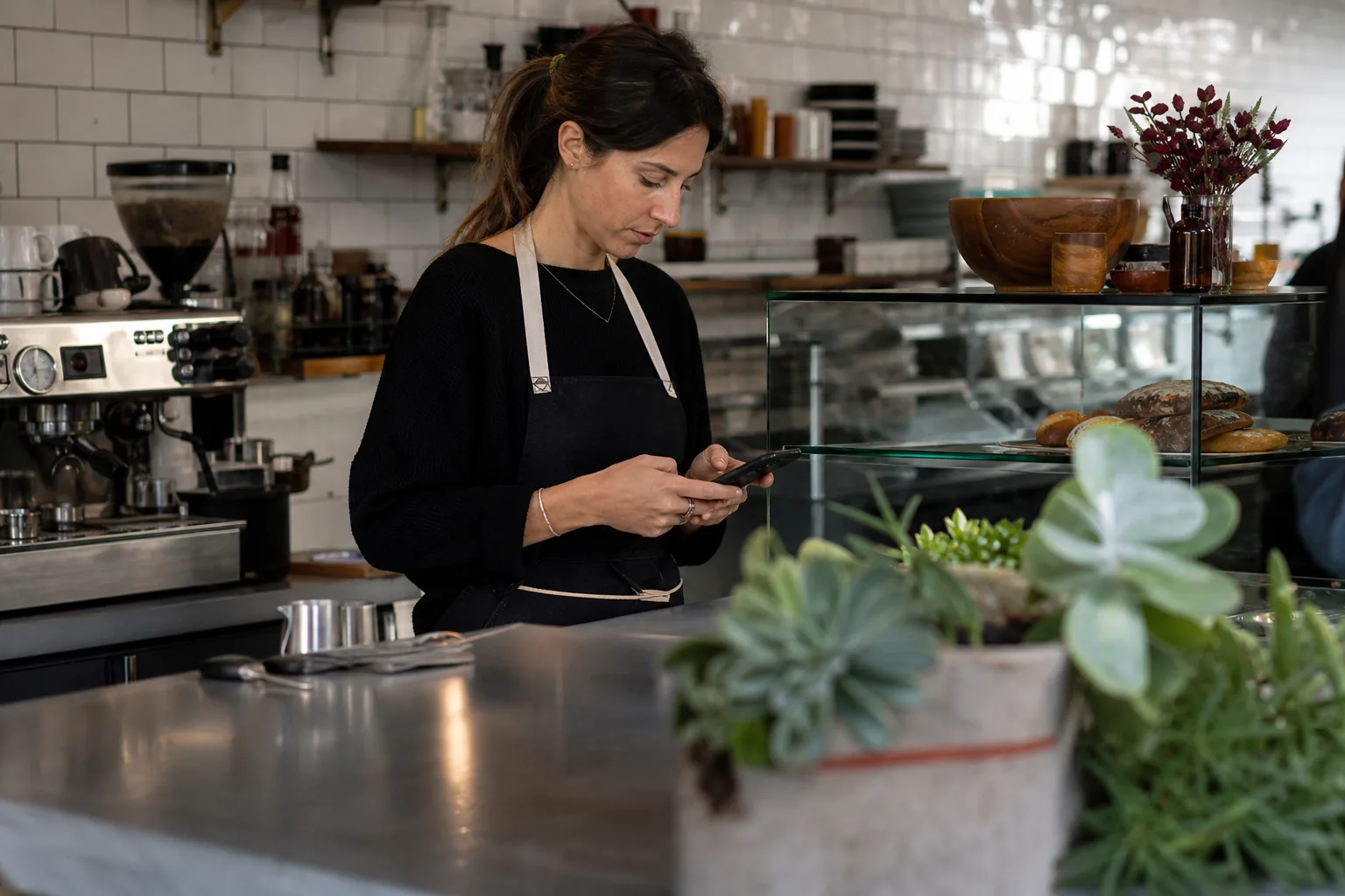 Cafe owner posting a short gig from a phone behind the counter