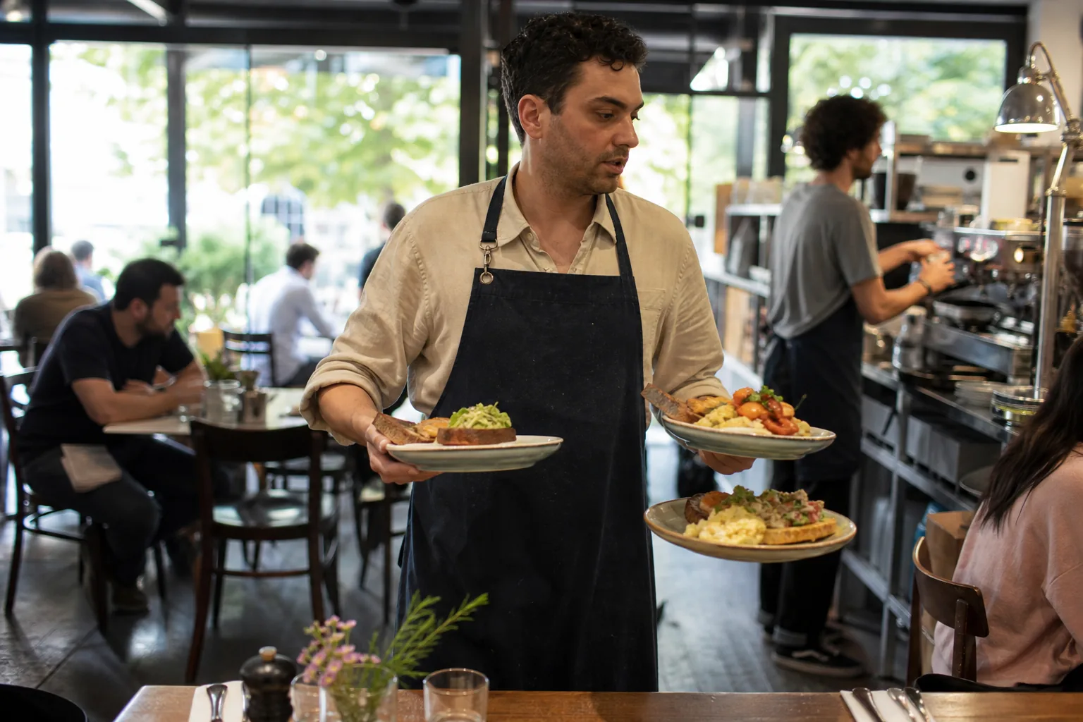 Server carrying brunch plates through a busy restaurant