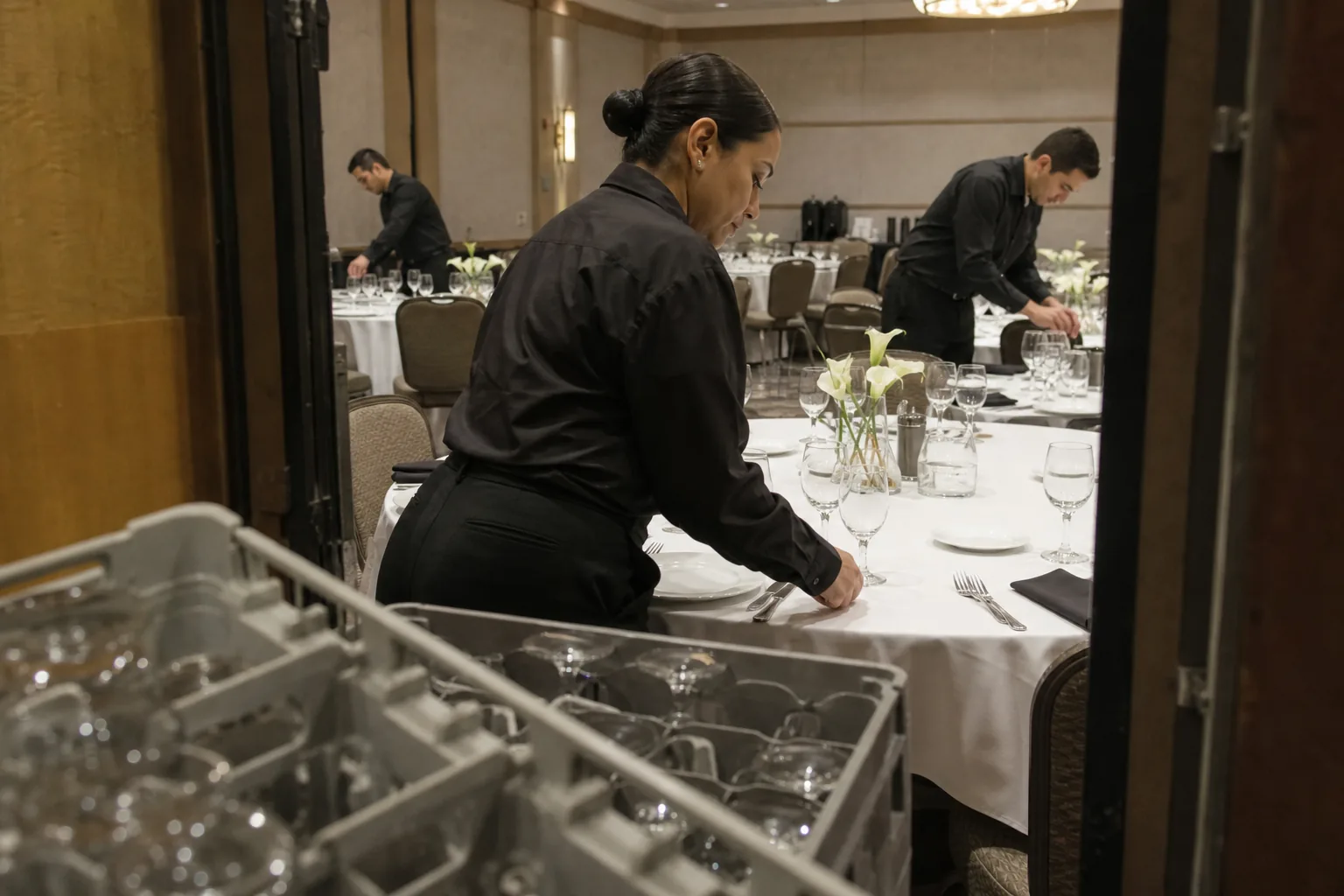 Event staff team folding linens and setting a banquet hall