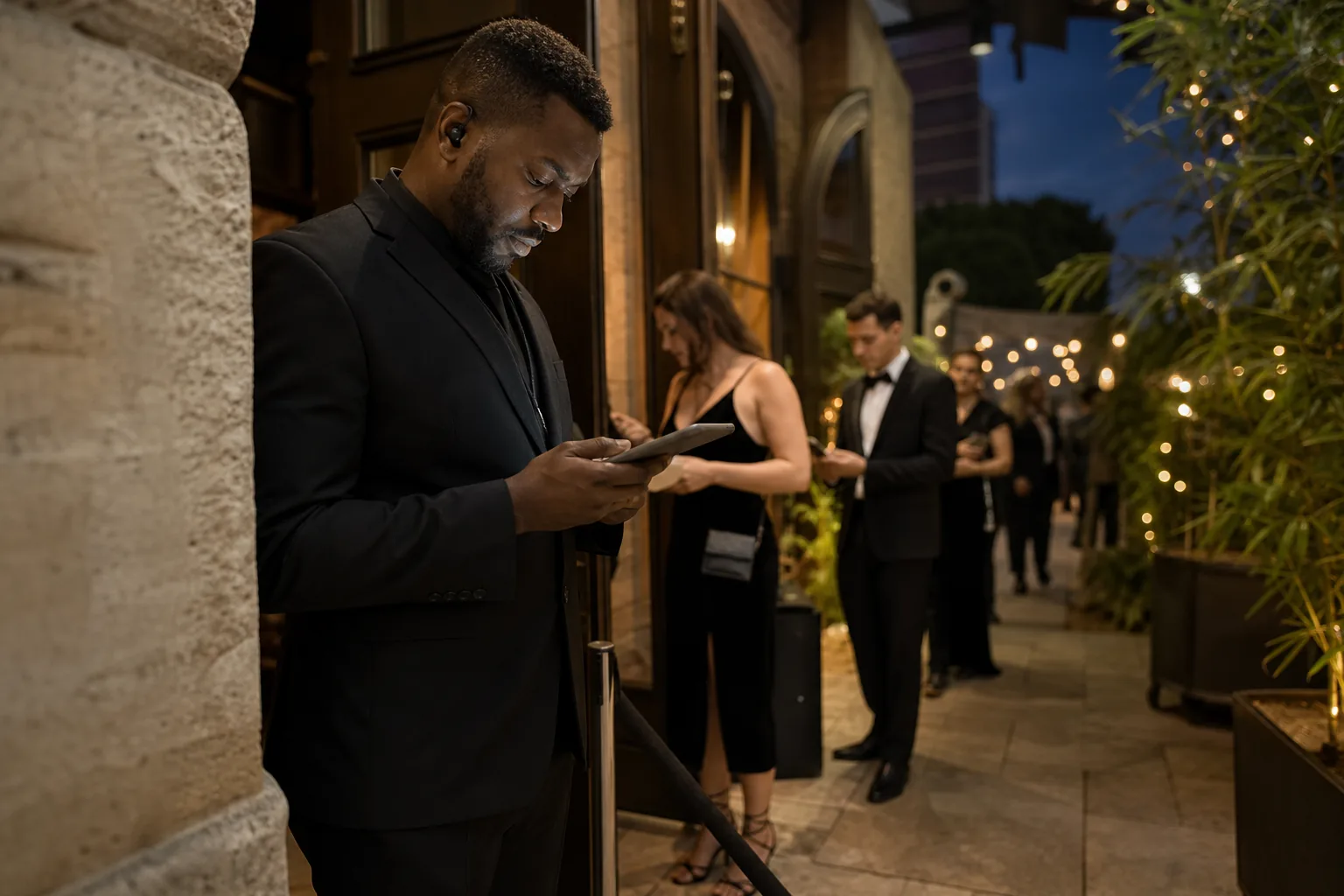 Staff member checking the guest list at the entrance as guests arrive at an evening wedding reception