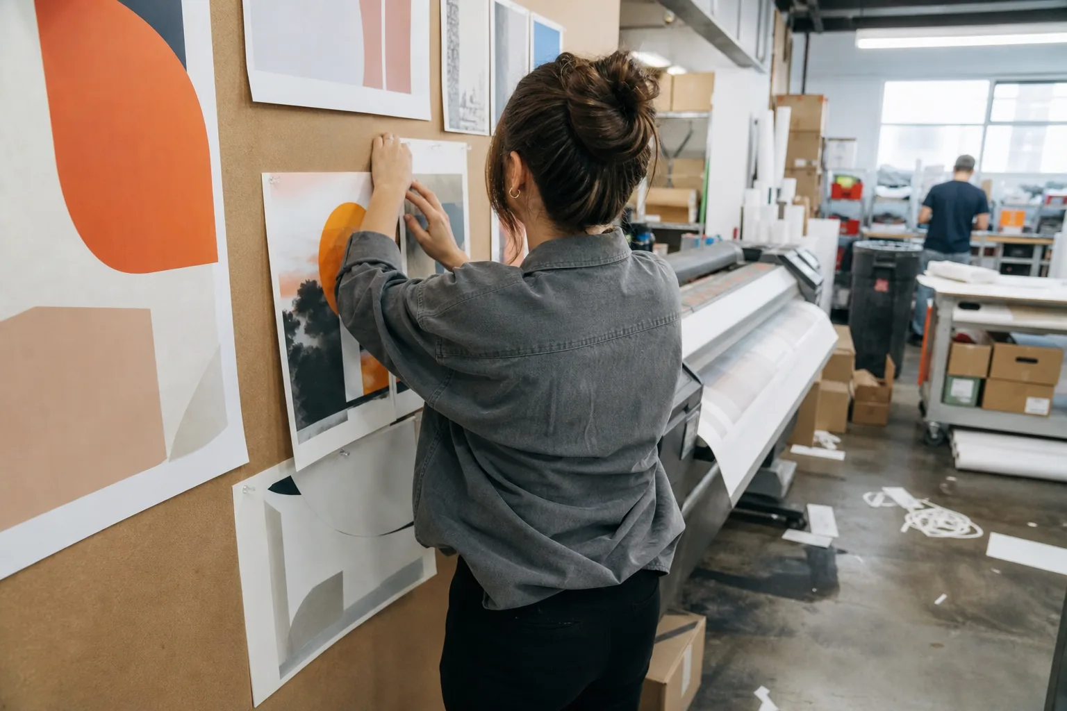 Designer pinning printed poster proofs to a print shop wall