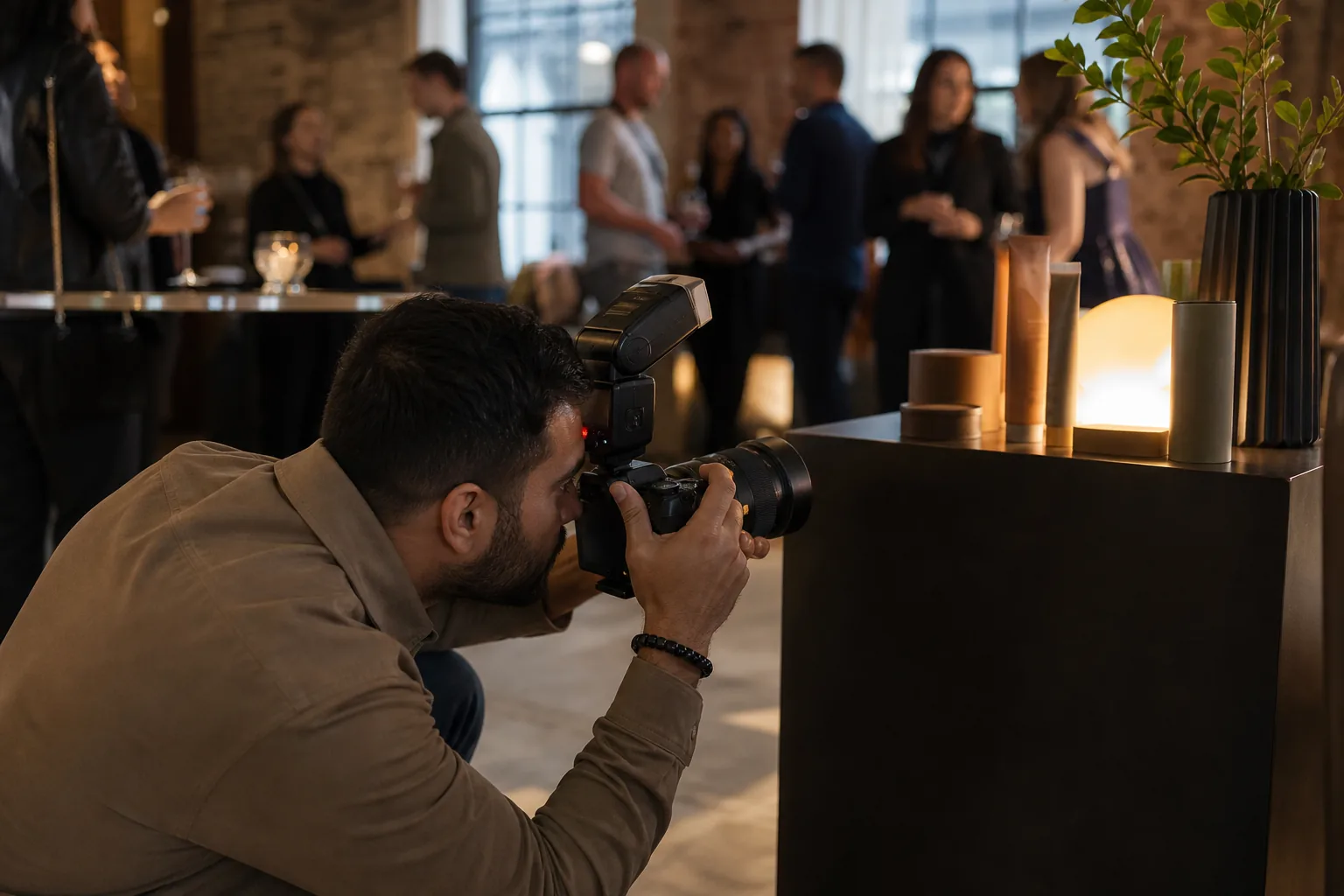 Event photographer shooting a product launch with a camera
