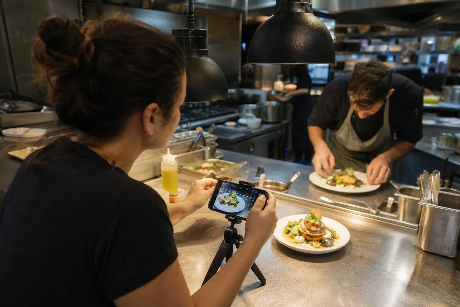Social media manager photographing a plated dish for a restaurant post