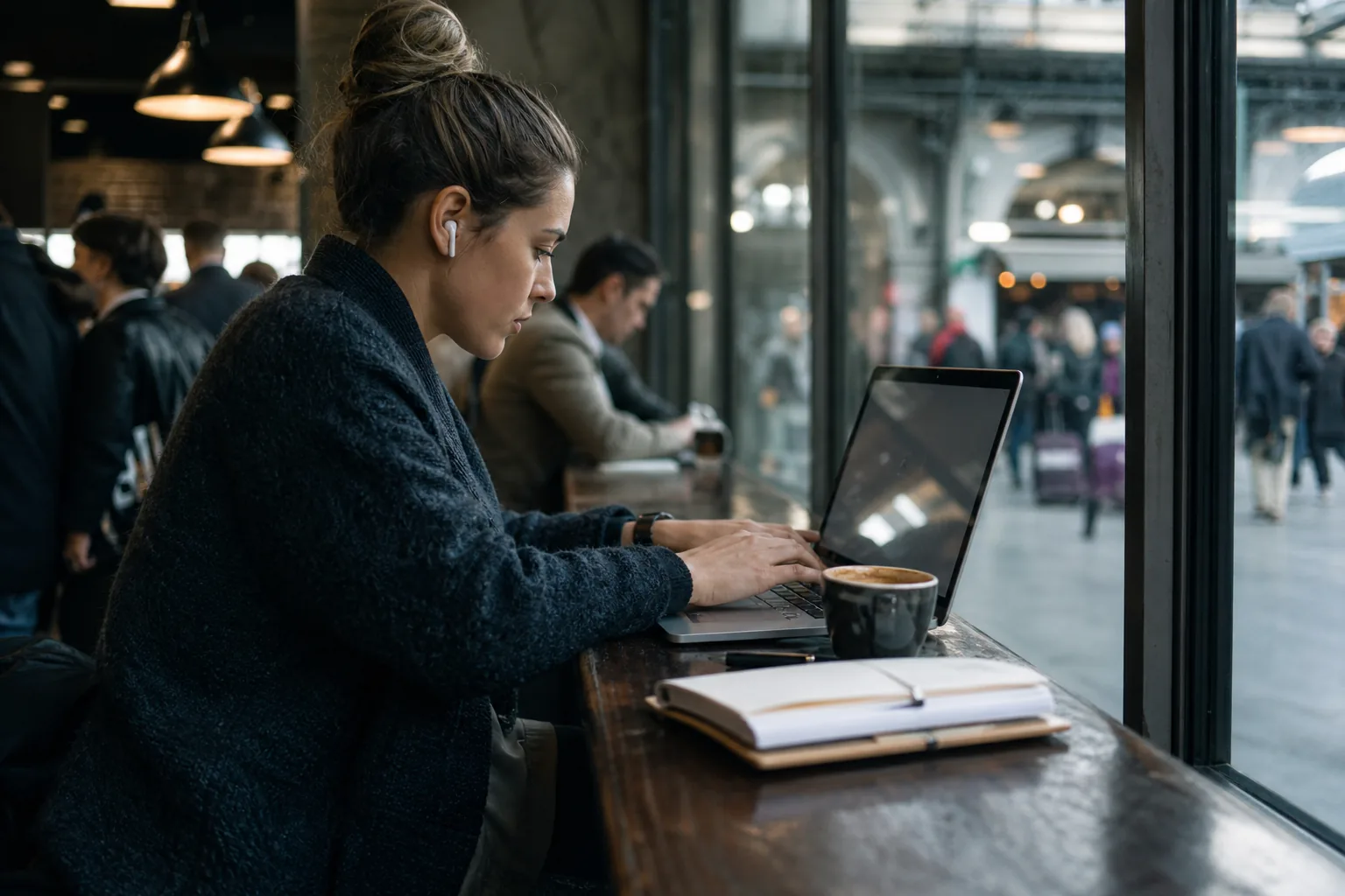 Remote worker on a laptop at a train station cafe table