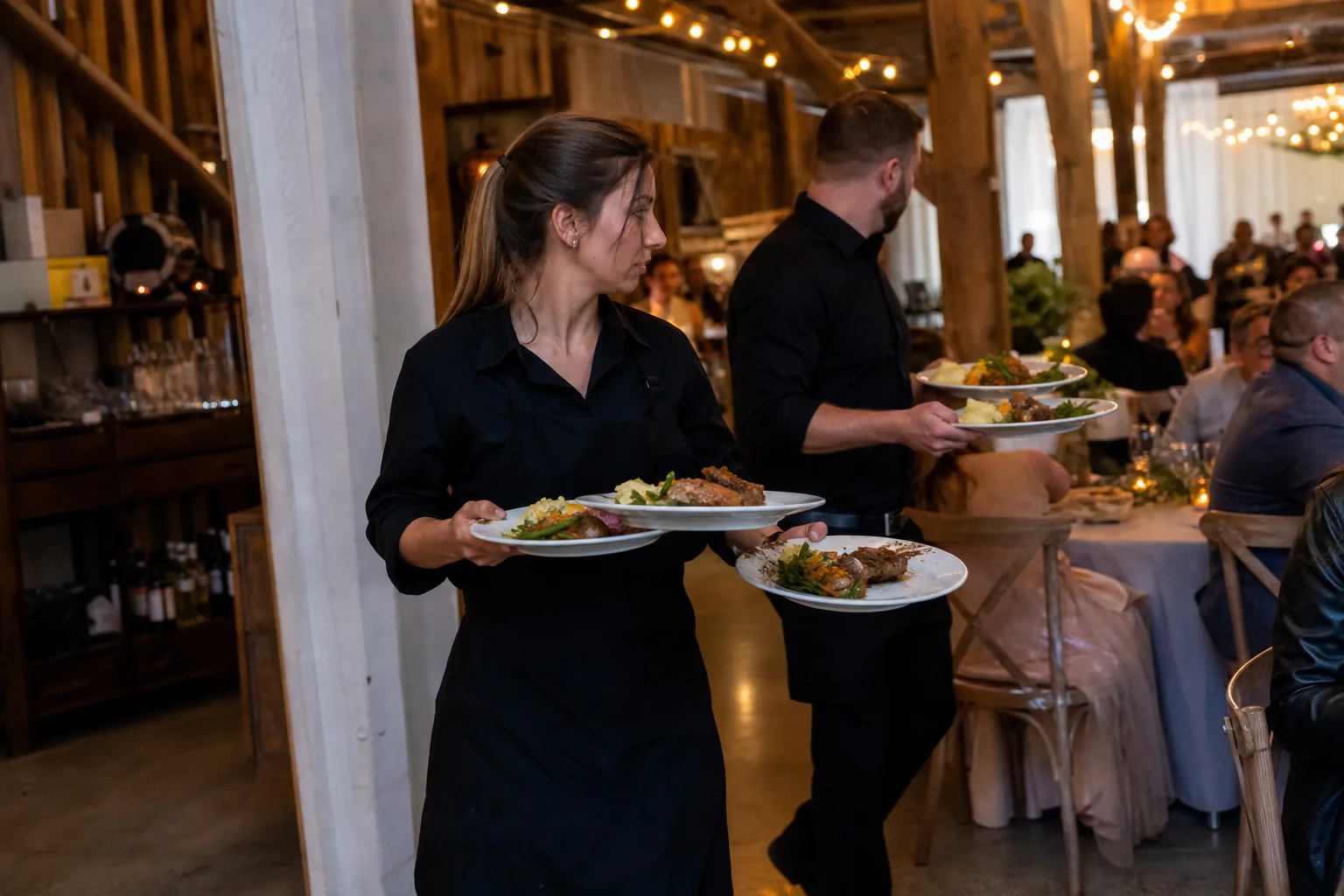Two catering servers carrying plated dinners at a barn wedding reception