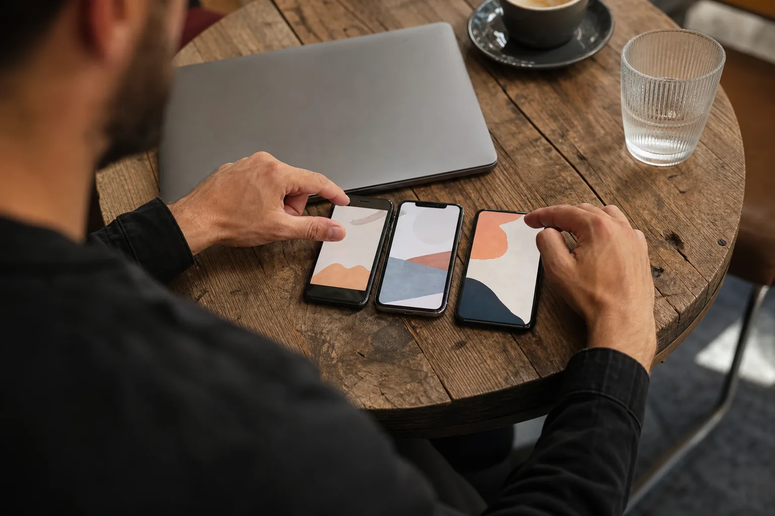 Freelancer checking a short gig on several phones at a cafe table