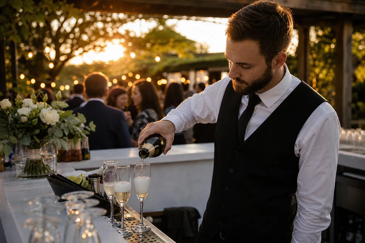 Bartender in a black vest pouring sparkling wine at an outdoor wedding reception bar